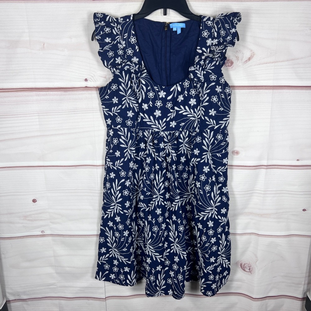 Draper James Dress Womens 10 Blue Floral Embroidered Ruffle Sleeve A-Line Cotton